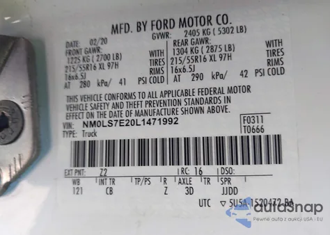 2020 Ford Transit Connect Xl Cargo Van z USA, uszkodzony, nr VIN NM0LS7E20L1471992